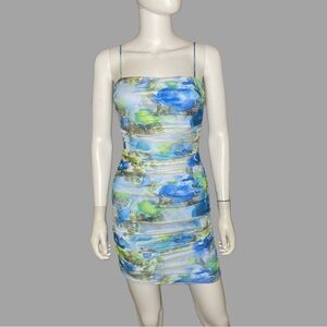 Spaghetti‎ Strap Blue and Green Abstract Print Mini Dress